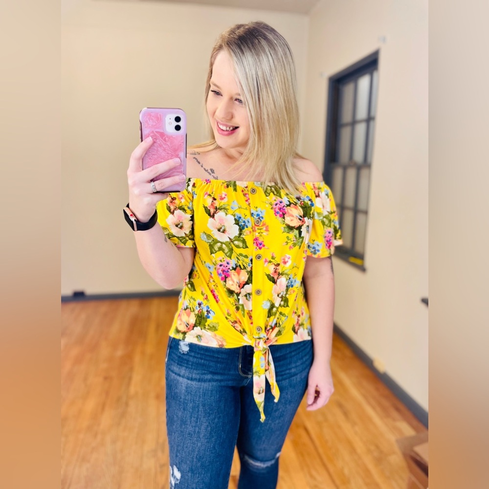 Floral Off The Shoulder Button Tie Knot Top